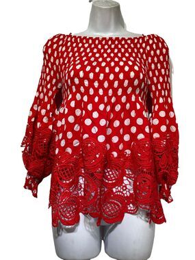 petal roz red white polka dot crochet ruffle smocked rockabilly blouse Size S